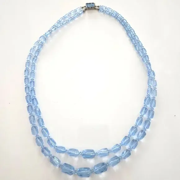 Vintage 1950s Austrian Ice Blue Crystal Double Strand Necklace Rhinestone Clasp - Picture 1 of 7